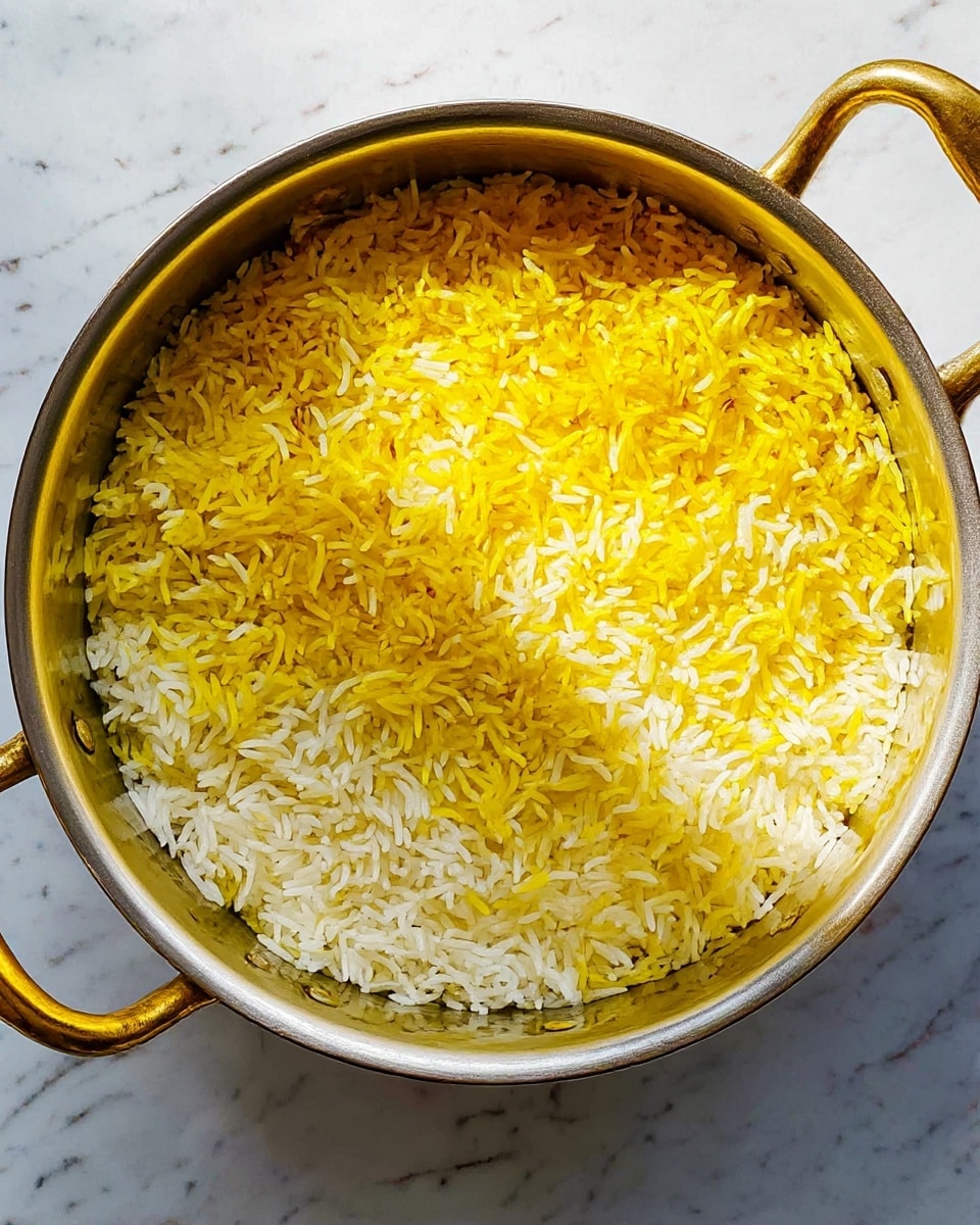A close-up view of a metal pot filled with cooked basmati rice. The rice has two layers visible from above: the top layer is yellow with saffron or turmeric, and the layer beneath is white rice. The texture of the rice grains looks fluffy and separate, not sticky. The pot has two golden handles on each side and is placed on a white marbled surface. The light casts a soft shadow inside the pot, enhancing the color contrast in the rice. photo taken with an iphone --ar 4:5 --v 7