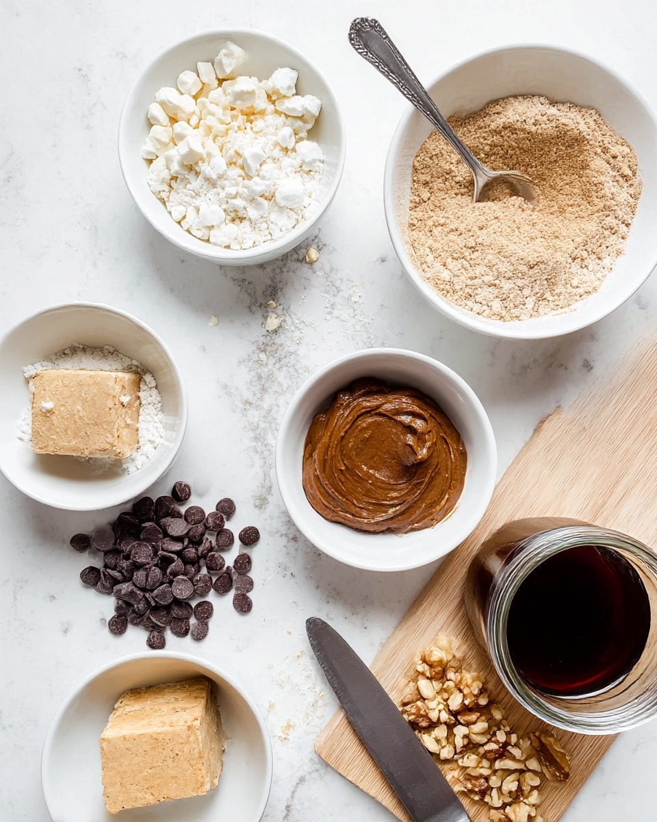 The image shows a white marbled surface with several bowls and a wooden board arranged around it. At the top right, a white bowl is filled with light brown dry powder with a silver spoon inside. To its left, a white bowl holds white crumbly pieces. Below these, a smaller white bowl contains a thick brown paste. To the right of it, there is a glass jar filled with dark brown liquid. At the bottom left, a white bowl has dark chocolate chips scattered around it slightly. Next to that, a white bowl contains a light brown block soaking in a dark liquid. In the lower right corner, a wooden board holds crushed light brown nuts with a large silver knife resting on it. The whole setup looks clean and organized. Photo taken with an iphone --ar 4:5 --v 7