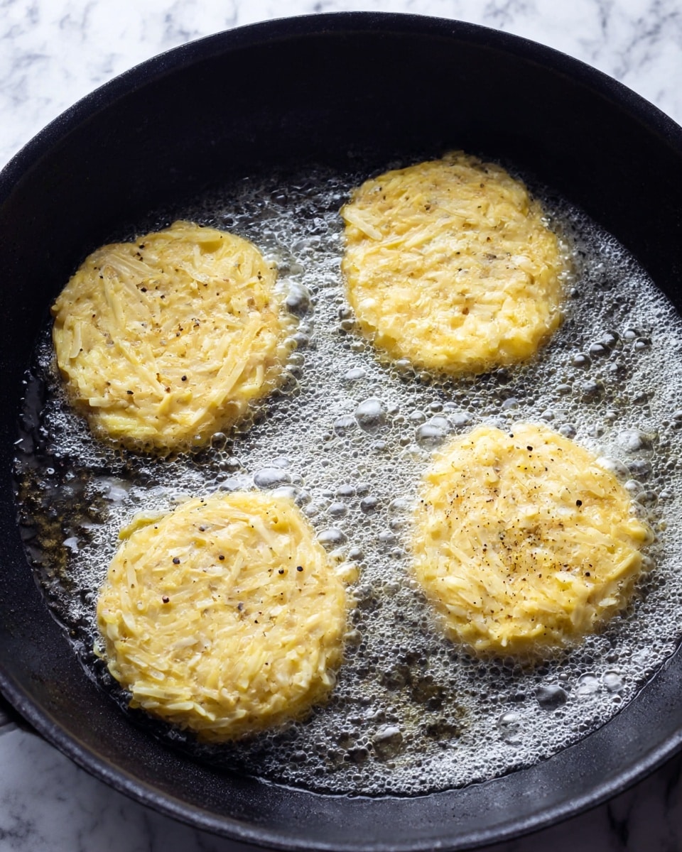The image shows four round, light yellow patties frying in hot bubbling oil inside a dark pan. Each patty has a textured surface with visible shredded pieces and small dark specks, indicating seasoning. The patties are spaced apart evenly with a light foam forming around their edges from the frying process. The dark pan contrasts with the pale, creamy yellow patties and the clear shimmering bubbles in the oil. The background is replaced with a white marbled texture. photo taken with an iphone --ar 4:5 --v 7
