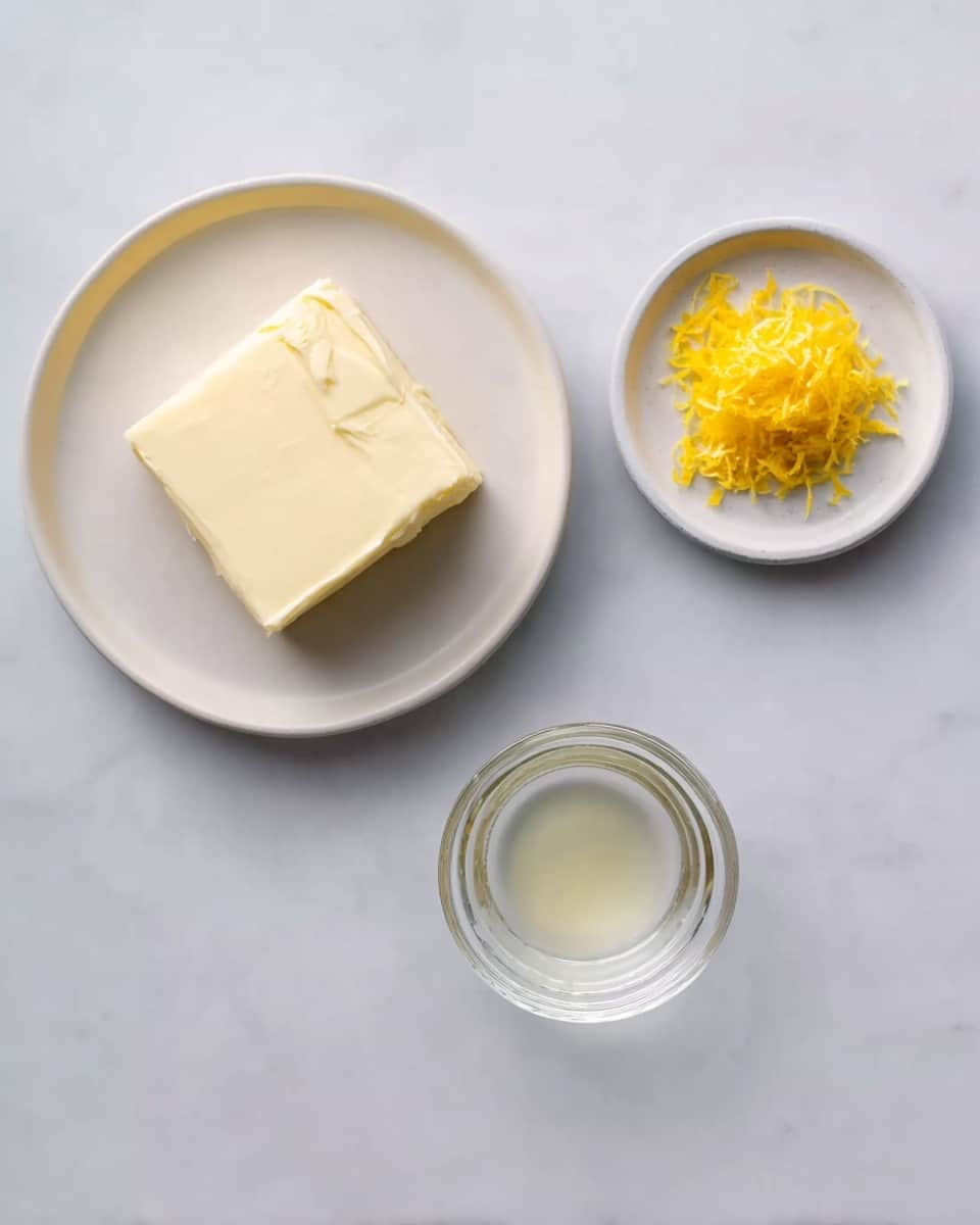 A top view of three small white plates arranged on a white marbled surface, each containing different ingredients; the largest plate on the left holds a square block of pale yellow butter with a smooth but slightly textured surface, the smaller plate at the top right has a small pile of bright yellow lemon zest finely shredded, and the last small plate at the bottom right contains a clear liquid that looks like lemon juice. photo taken with an iphone --ar 4:5 --v 7