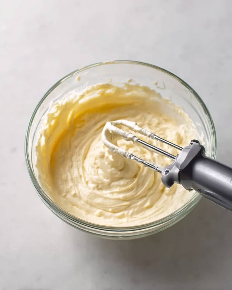 A glass bowl filled with a creamy, pale yellow mixture that has a thick and smooth texture. Two metal beaters from a hand mixer are spinning inside the bowl, partially covered in the creamy mixture. The bowl is placed on a white marbled surface that adds a subtle texture to the background. The overall look is clean and focused on the mixing process. photo taken with an iphone --ar 4:5 --v 7