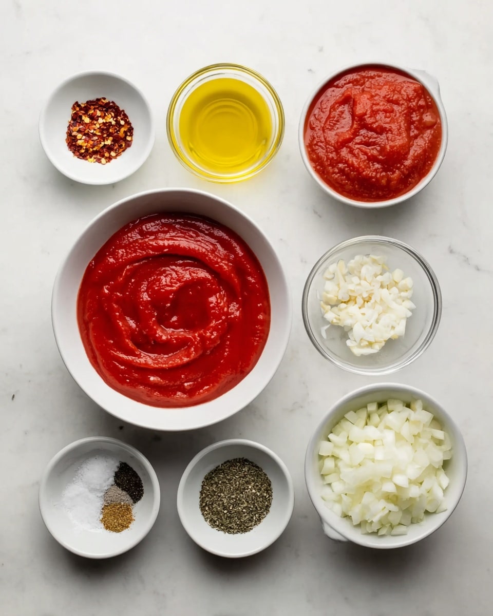 A white bowl on a white marbled surface holds smooth red crushed tomatoes with a slight swirl pattern on top. To the left, a white bowl contains bright yellow olive oil, and nearby a white small dish has red chili flakes. Below them are three small white bowls with different spices: one with coarse salt, one with ground black pepper, and one with dried oregano. A small clear glass bowl holds finely chopped white garlic, and a white bowl contains chopped white onions. At the top left, a small clear bowl contains thick red tomato paste. All items are evenly spaced in a simple and clean layout. Photo taken with an iphone --ar 4:5 --v 7