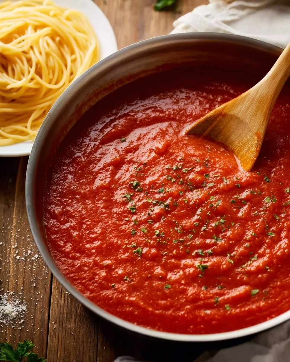 A close-up image of a large pan filled with thick red tomato sauce, showing a smooth texture with visible small tomato pieces and sprinkled green herbs on top. A wooden spoon is stirring the sauce inside the pan, which sits on a wood-textured table. To the left, part of a white plate holding plain yellow cooked spaghetti is visible. The background surface is a white marbled texture. Photo taken with an iphone --ar 4:5 --v 7
