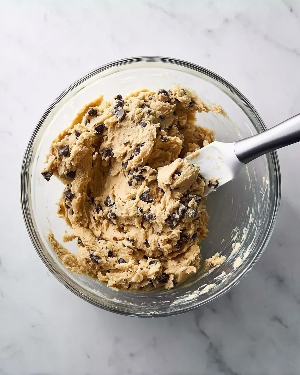 A clear glass bowl filled with light brown cookie dough mixed with dark chocolate chips sits on a white marbled surface. A white and black spatula is resting inside the bowl with some dough stuck to it. The dough looks soft and thick with uneven texture layers from the mixing. photo taken with an iphone --ar 4:5 --v 7