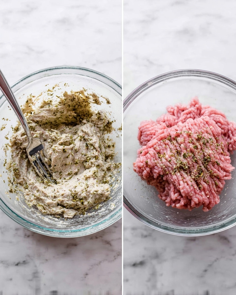 Two side-by-side images show the process of making a dish in a clear glass bowl on a white marbled surface. The left image presents a thick, pale mixture with specks of green herbs and a rough texture, being stirred with a silver fork. The right image shows the same bowl with raw, pink ground meat placed on top of the herb mixture, the meat having a soft, ridged texture and partially covering the mixture underneath. photo taken with an iphone --ar 4:5 --v 7