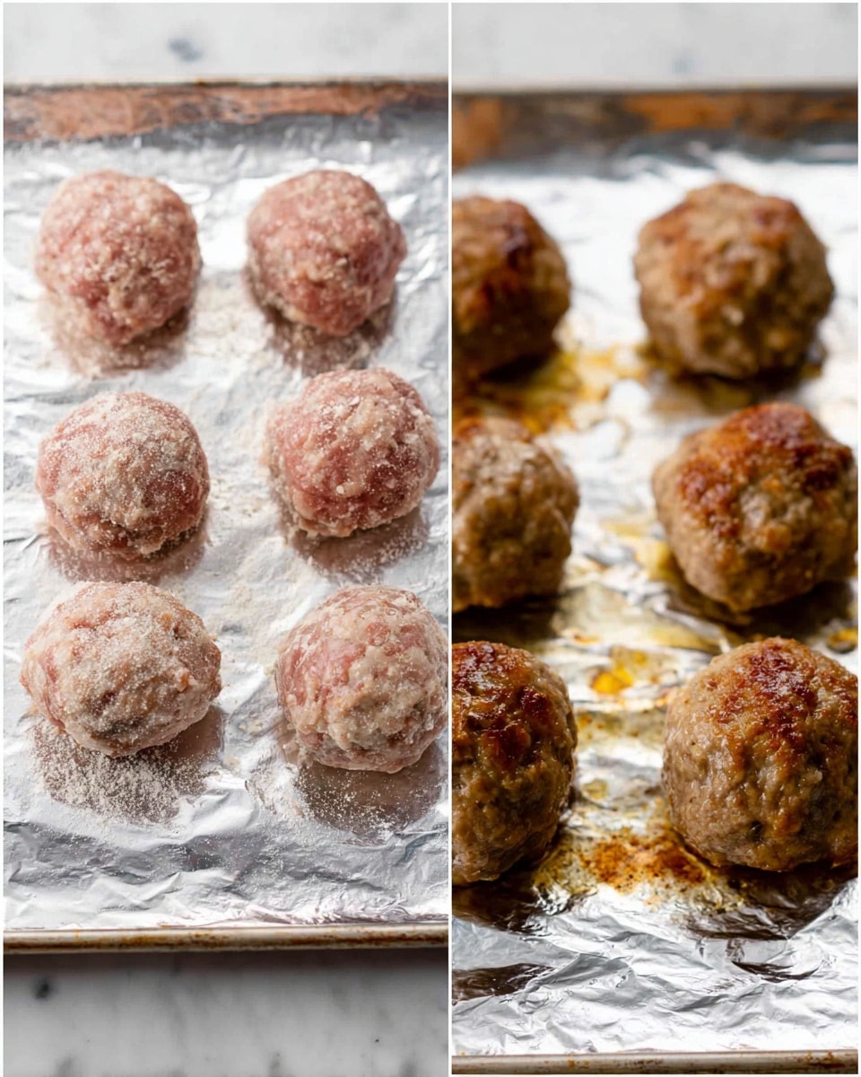 The image shows two side-by-side close-up views of round meatballs on a sheet of shiny aluminum foil placed on a white marbled surface. On the left side, there are six raw meatballs arranged in two rows with a pinkish color mixed with visible small bits of ingredients and a light dusting of flour. On the right side, six cooked meatballs have a brownish, slightly crispy texture with darker spots and some shiny oil spots on the foil below. The contrast between raw and cooked meatballs highlights the change in color and texture during cooking. Photo taken with an iphone --ar 4:5 --v 7
