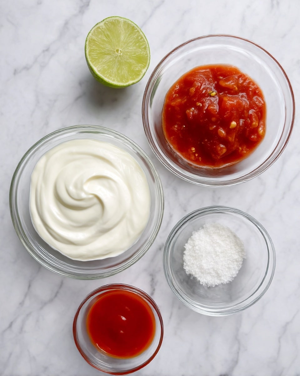 The image shows five items on a white marbled surface arranged in a loose circle. There is a half green lime at the top left with its juicy light green interior facing up. Below the lime is a clear glass bowl filled with thick, smooth white yogurt with a gentle swirl pattern on the surface. To the right of the lime is a clear glass bowl filled with chunky red salsa with visible tomato pieces and some chili seeds. Below this bowl and slightly to the right is a smaller clear glass bowl containing coarse white salt. Below the yogurt bowl and near the bottom center is a small clear glass bowl holding bright red hot sauce. The layout is clean and simple, showing the ingredients clearly. Photo taken with an iphone --ar 4:5 --v 7