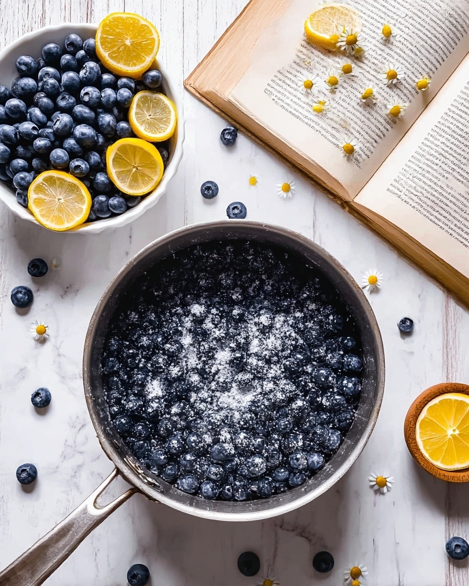 The image shows a metal pot filled with dark blue blueberries covered lightly with white sugar, sitting on a white marbled surface. To the top left, a white bowl is full of fresh blueberries with two yellow lemon slices and small white chamomile flowers scattered on top. On the top right, an open book rests on the white marbled surface with more blueberries and chamomile flowers spread across the pages. A small wooden bowl holds lemon slices and chamomile flowers positioned near the book. Several individual blueberries and lemon slices are scattered freely on the white marbled surface around the pot, bowl, and book. Photo taken with an iphone --ar 4:5 --v 7