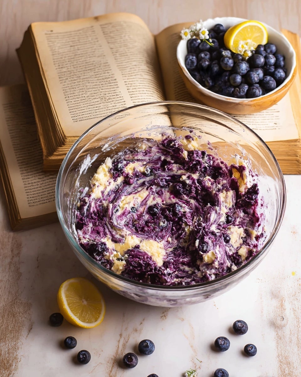 A clear glass bowl is filled with thick, creamy dough mixed with swirls of deep purple from blueberries, creating a marbled effect with cream and purple colors throughout. The bowl is placed on an open vintage book showing aged, yellowed pages. Nearby, a small white dish overflows with fresh, plump blueberries, some scattered on the white marbled surface. Next to it, a wooden bowl holds two fresh lemon slices with small white flowers garnishing the scene. The photo has a warm, cozy feel and is taken from above. photo taken with an iphone --ar 4:5 --v 7