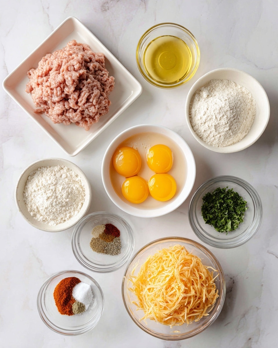 The image shows a flat lay of cooking ingredients on a white marbled background. In the top left corner, there is a tray with pale pink ground meat. To the right of the meat is a small glass bowl with light yellow oil. Below that, a white bowl holds four raw eggs with bright yellow yolks and clear whites. Beneath this bowl is another small glass bowl with a golden liquid. On the bottom right, an opaque bowl is full of shredded orange cheese. Moving left, there is a white bowl filled with white flour. Above this is a small glass bowl with chopped green herbs. To the left of the herbs, a white bowl holds a mix of spices including red, black, and light brown powders along with salt. photo taken with an iphone --ar 4:5 --v 7