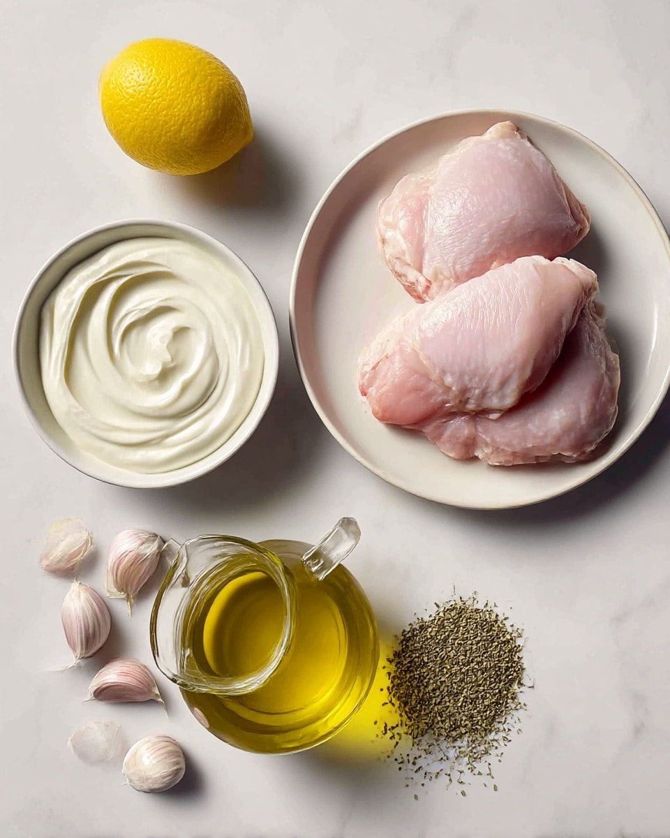 The image shows several ingredients arranged on a white marbled surface. On the right side, there is a white plate holding three raw pink chicken thighs stacked close together. Below the plate, there is a clear glass jug filled with golden olive oil. To the left of the oil, there is a white bowl containing smooth, creamy white yogurt with soft swirls on the surface. Above the yogurt bowl is a small white bowl filled with dried green oregano. Four garlic cloves with light purple skin are scattered near the oregano bowl. At the top left side of the image, a whole yellow lemon sits alone. The overall look is clean and organized with natural lighting. photo taken with an iphone --ar 4:5 --v 7