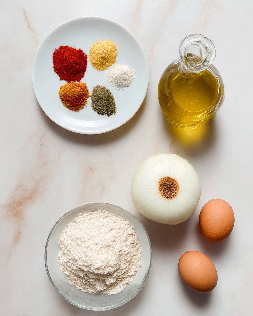 The image shows a top view of cooking ingredients placed on a white marbled surface. At the top left, there is a white plate with six separate piles of spices in red, pale yellow, dark red, green, brown, and white colors arranged in a circular pattern. At the top right, there is a clear glass bottle filled with golden-yellow oil. In the center, a whole white onion with a brown circle on the top is visible. Below the onion, there is a white plate filled with a light beige powder, likely flour. To the bottom right, two brown eggs lie next to a clear glass filled halfway with white milk. The arrangement of the items is neat and spaced out. Photo taken with an iphone --ar 4:5 --v 7