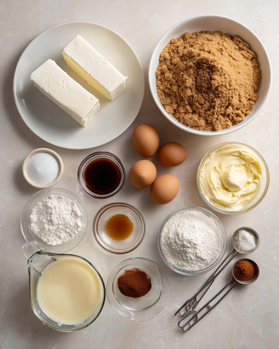 The image shows multiple baking ingredients neatly arranged on a white marbled surface. At the center left, there is a white plate holding three thick blocks of smooth white cream cheese. Above that, a large white bowl is filled with light brown crushed graham crackers. To the center right, three brown eggs are slightly grouped together. Surrounding these are smaller glass bowls and measuring spoons holding white flour, white sugar, dark brown liquid (vanilla extract), light brown liquid (possibly coffee or caramel), cream, and melted yellow butter. A clear glass measuring cup holds a light yellow cream mixture. Near the top right are two metal measuring spoons, one with a reddish-brown powder (cinnamon) and the other with white powder (salt). Everything is placed on a flat, clean white marbled surface with soft natural light and no shadows. Photo taken with an iphone --ar 4:5 --v 7