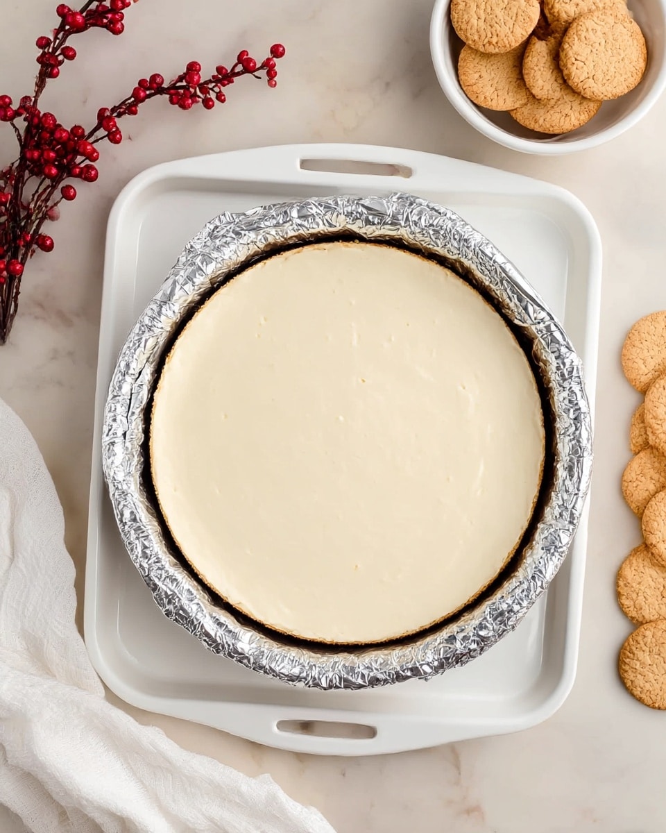 A round cheesecake with a smooth, pale cream top layer sits inside a circle of crinkled silver foil. The cheesecake is placed on a large white baking tray with handles, set against a white marbled surface. Around the tray, there are some light brown cookies both on the marbled surface and in a white bowl. There is also a white cloth in the lower left corner and a small branch with red berries in the upper left corner. Photo taken with an iphone --ar 4:5 --v 7