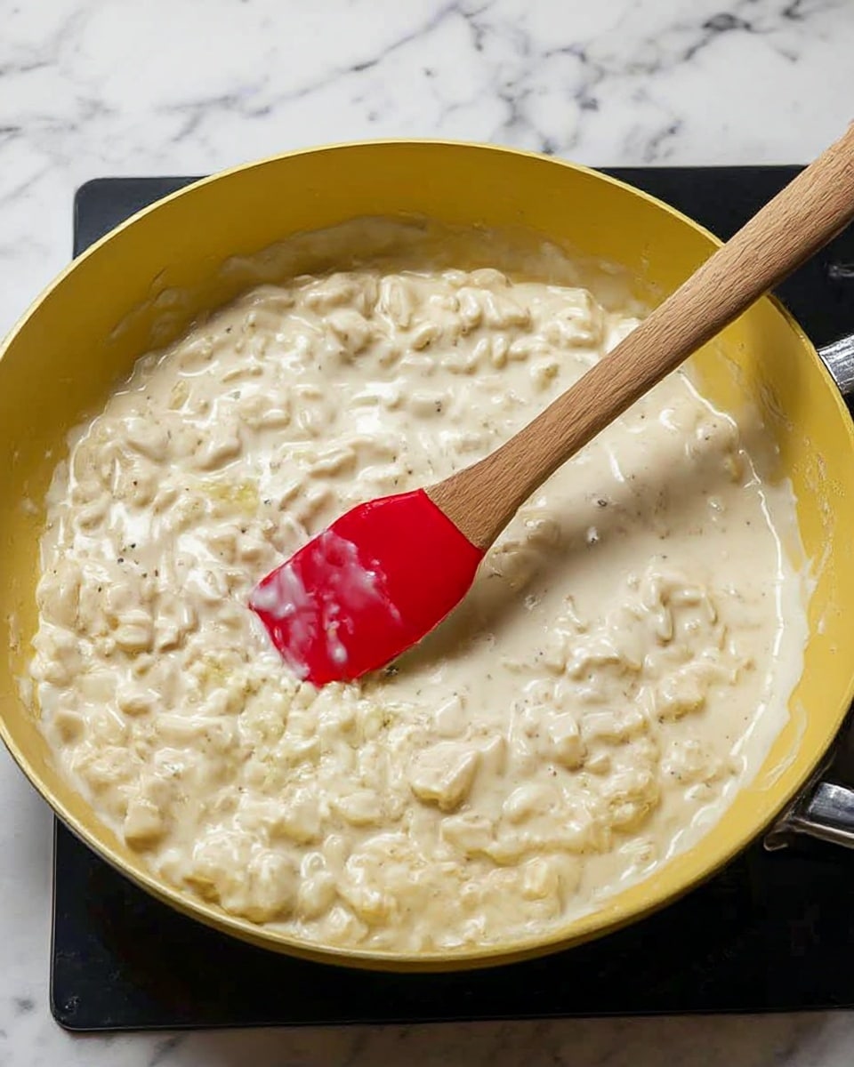 The image shows a yellow frying pan filled with small white pieces of food in a creamy sauce being stirred by a red spatula with a wooden handle. The creamy sauce looks thick and smooth, spreading evenly over the small chunks, covering the entire bottom of the pan. The background is a white marbled texture with a black stovetop visible under the pan. The spatula is partially dipped inside the creamy food mixture, suggesting it is being cooked or mixed. Photo taken with an iphone --ar 4:5 --v 7