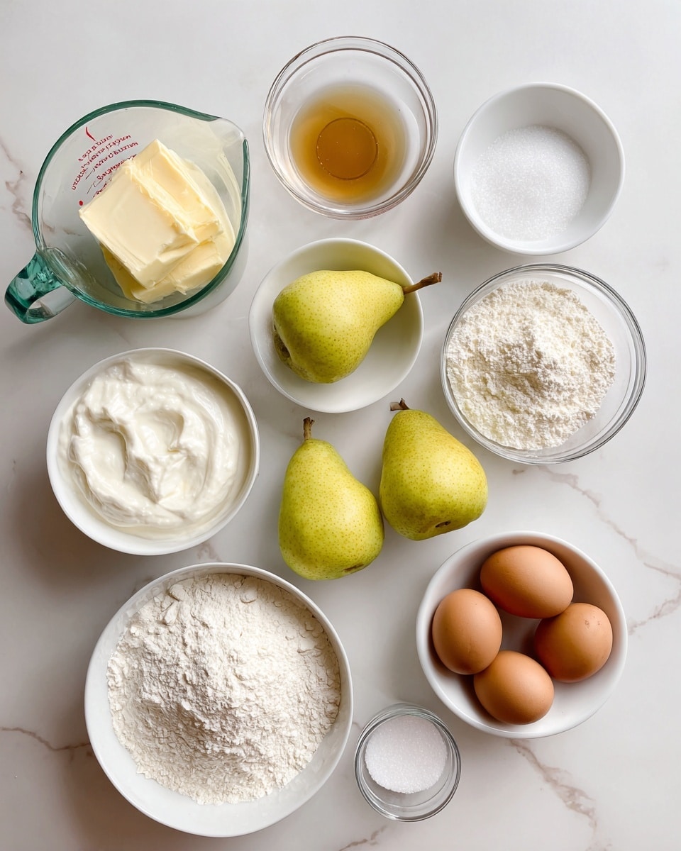 The image shows a white marbled surface with various baking ingredients neatly placed in white bowls and glass containers. At the top left is melted butter in a clear glass measuring jug with a green handle. To its right, there is a small white bowl with a clear liquid labeled vanilla extract. Below these are three fresh yellow-green pears placed directly on the surface. To the left center, a white bowl holds thick white yogurt, next to a smaller white bowl with a white powder labeled baking soda. Below that is a medium white bowl filled with fine white flour. On the right side, two brown eggs sit in a small white bowl, and next to them, a clear glass bowl contains white sugar. Above the eggs is a tiny white bowl with salt. The whole arrangement is tidy and bright, set against the clean white marbled background. photo taken with an iphone --ar 4:5 --v 7
