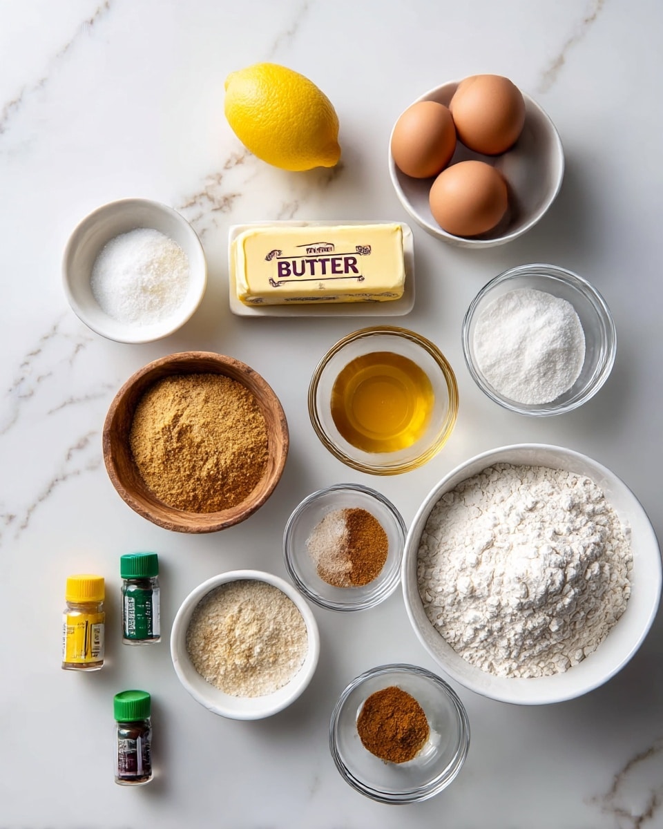 The image shows a neatly arranged set of baking ingredients on a white marbled surface, including a yellow lemon at the top center, two brown eggs placed side by side, a stick of butter with a label reading