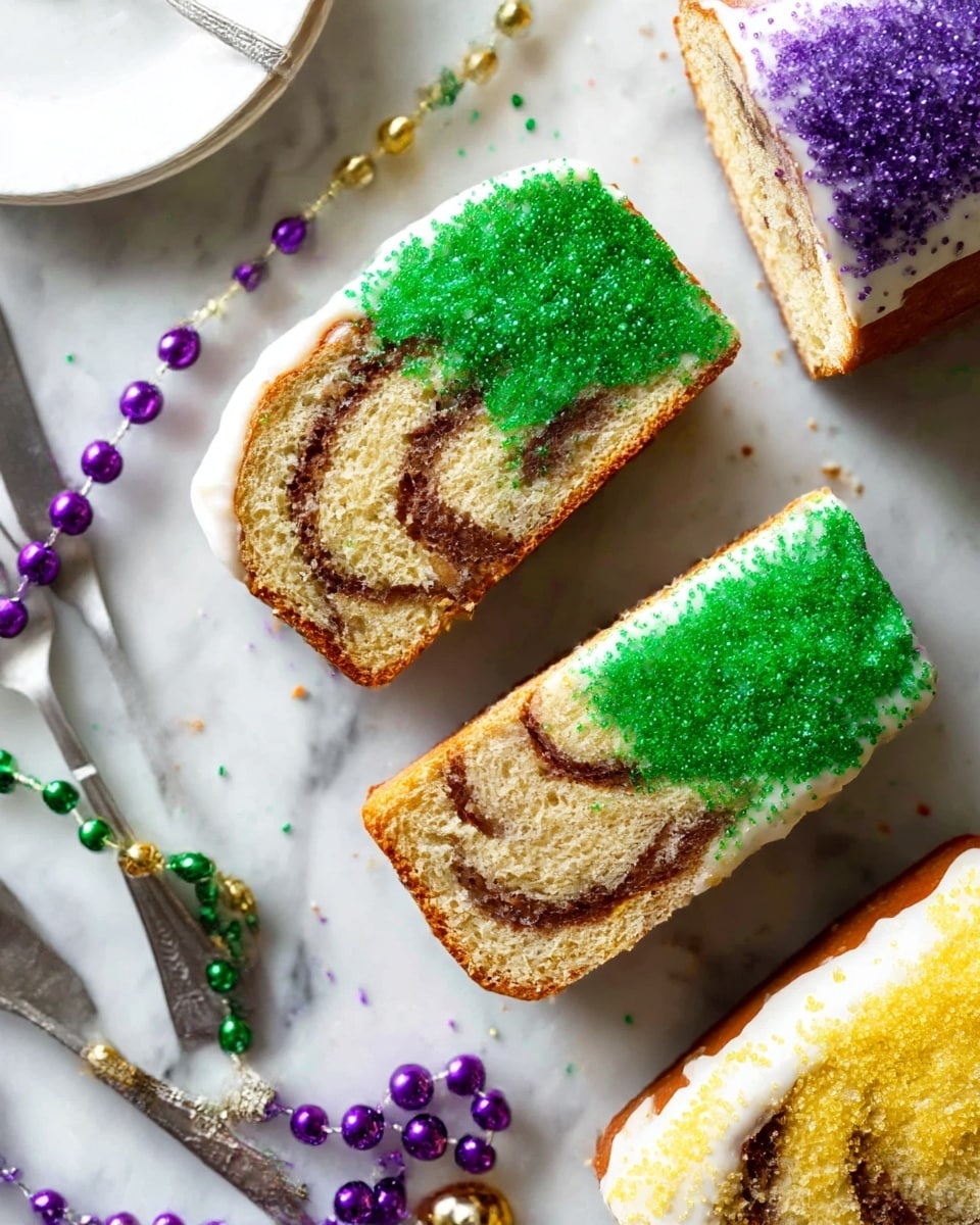 The image shows three slices of King Cake on a white marbled surface. Each slice has one layer of soft, light brown bread with swirls of darker brown filling inside. The top layer of each slice is covered with thick white icing sprinkled generously with colored sugar: one slice has bright green sugar, another has a mix of green and purple sugar, and the last one has yellow sugar. The cake slices are arranged close to each other, with colorful Mardi Gras bead necklaces in purple, green, and gold scattered on the surface. A silver fork and knife rest nearby, and a small part of a white plate is visible on the edge of the scene. photo taken with an iphone --ar 4:5 --v 7