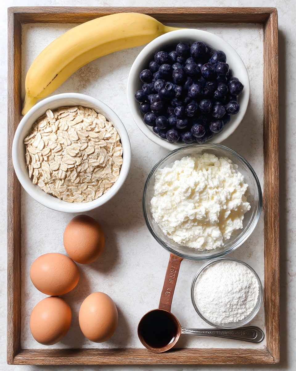 A wooden tray holds several ingredients arranged neatly: a white bowl filled with beige rolled oats sits toward the left center, next to a curved pale yellow banana at the top left; a white bowl filled with soft white cottage cheese is near the top right; a clear glass bowl filled with deep blue, round blueberries is placed below the cottage cheese; a rusty copper measuring spoon filled with dark liquid lies to the right of the blueberries; four brown eggs are positioned at the bottom left corner; and a silver teaspoon with white powder rests horizontally at the bottom right, all set on a white marbled textured surface. photo taken with an iphone --ar 4:5 --v 7