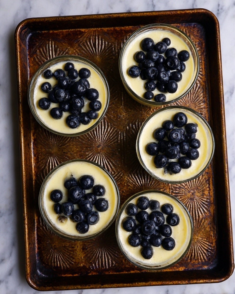 Four clear glass bowls filled with a pale yellow creamy dessert topped with a layer of fresh dark blue blueberries. The bowls are arranged in a loose square on a worn, rusty brown metal baking tray with ridges. The background surface has a white marbled texture. photo taken with an iphone --ar 4:5 --v 7