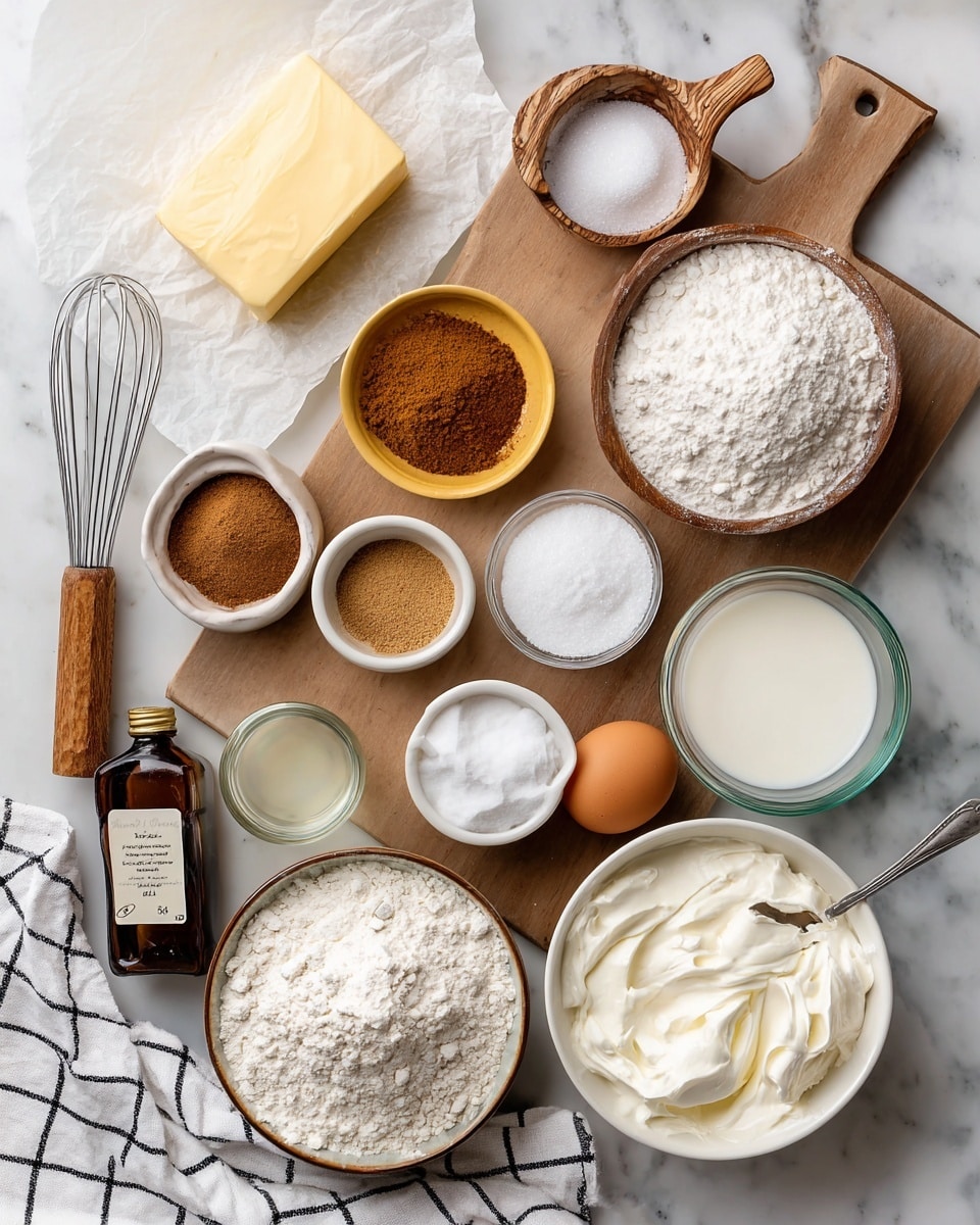 A top-down view shows various baking ingredients arranged on a white marbled surface with a wooden cutting board in the center. From top left, there's a wooden-handled wire whisk, a block of butter on parchment paper, a small white bowl of white sugar, a small brown bowl of salt with measuring spoons, a white bowl of brown sugar, a small clear container of cinnamon, a small yellow bowl of cornstarch, a small wooden bowl of baking powder, a clear glass container of oil, a small white bowl of powdered sugar, a small white bowl of milk, a teaspoon of baking soda, a white bowl filled with sour cream, a white bowl full of flour, a brown bottle labeled vanilla, and a single brown egg sitting on a white and black checkered towel photo taken with an iphone --ar 4:5 --v 7