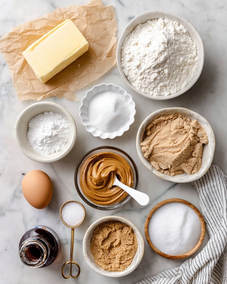 A flat lay photo showing baking ingredients arranged neatly on a white marbled surface. In the top left corner, there is a piece of pale yellow butter resting on brown parchment paper. Next to it is a round white bowl filled with white flour with a spoon inside. Below the butter, a small white scalloped bowl holds white granulated sugar for rolling. Toward the center, a clear bowl contains smooth brown peanut butter with a white spoon dipped in it. On the right side, a round white bowl with a gold rim is filled with white granulated sugar. Below this, another round white bowl holds light brown, textured brown sugar. An egg is placed near the center of the layout. To the left of the egg are small measurement spoons holding white baking soda and cornstarch. A small wooden bowl with white salt sits next to a dark glass bottle of vanilla extract. A white cloth with thin black stripes is draped on the lower right corner. Photo taken with an iphone --ar 4:5 --v 7