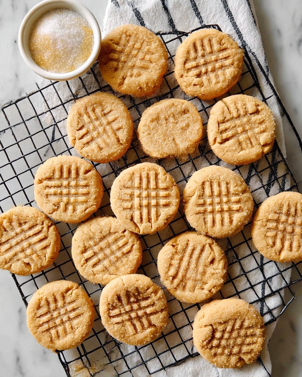 A cooling rack holds about a dozen round peanut butter cookies, each with a pale golden brown color and a crisscross fork pattern pressed into the top. The cookies have a slightly rough texture and a light sugar coating that adds sparkle. The rack sits on a white marbled surface with a white cloth featuring thin black stripes underneath. At the top, there is a small white bowl filled with granulated sugar. The photo is taken from above showing the full round shapes and textures of the cookies. photo taken with an iphone --ar 4:5 --v 7