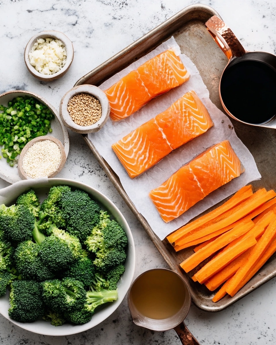 The image shows four raw salmon fillets with a bright orange color and white lines, placed on white paper on a metal tray. Around them are small round bowls with white sesame seeds, chopped green onions, minced garlic and ginger, light brown sugar, dark soy sauce in a copper measuring cup, and a small bowl of light brown liquid. On the right side of the tray are long orange carrot sticks. Next to the tray is a white bowl filled with fresh green broccoli florets on a white marbled surface. Photo taken with an iphone --ar 4:5 --v 7