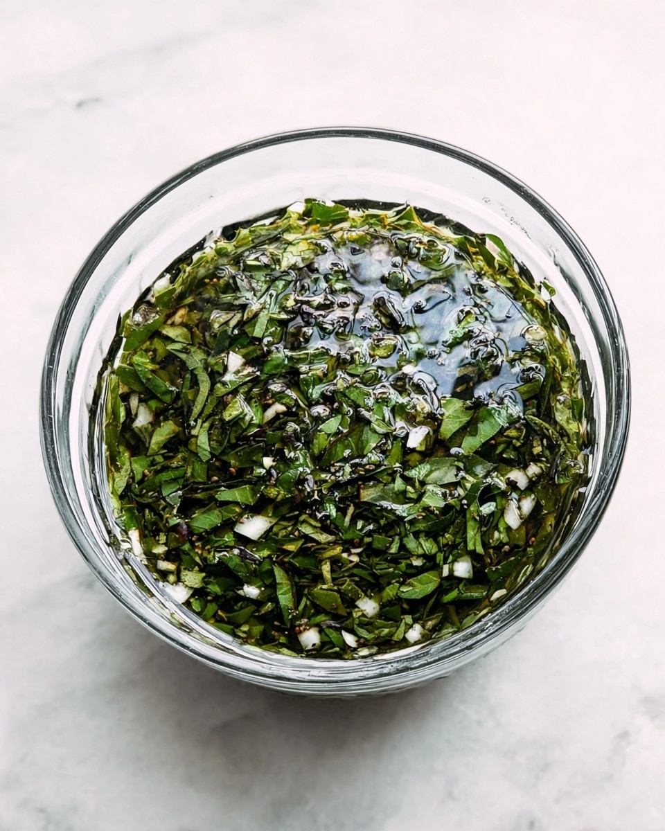 A clear glass bowl filled with a mix of finely chopped green herbs and small bits of white and light green pieces floating in a dark liquid, the top layer appearing slightly oily and shiny. The bowl sits on a white marbled surface. photo taken with an iphone --ar 4:5 --v 7