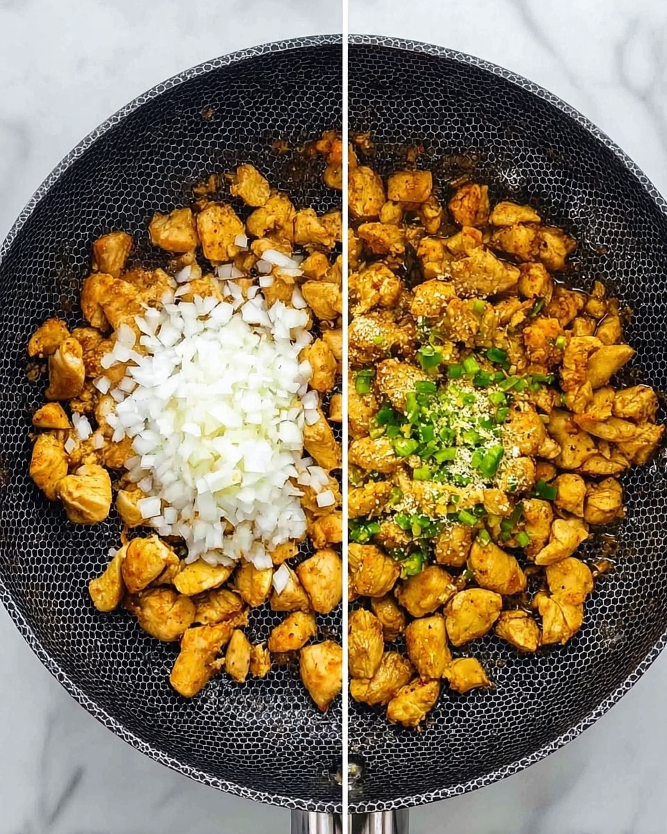 The image shows two side-by-side views of a black frying pan with small chicken pieces cooked to a golden brown color inside. In the left part, there is a large pile of finely chopped white onions placed in the center on top of the chicken. In the right part, the onions are mixed with the chicken, and there are green chopped peppers and some minced garlic added on top. The pan has a honeycomb pattern inside, and it sits on a white marbled surface. Photo taken with an iphone --ar 4:5 --v 7