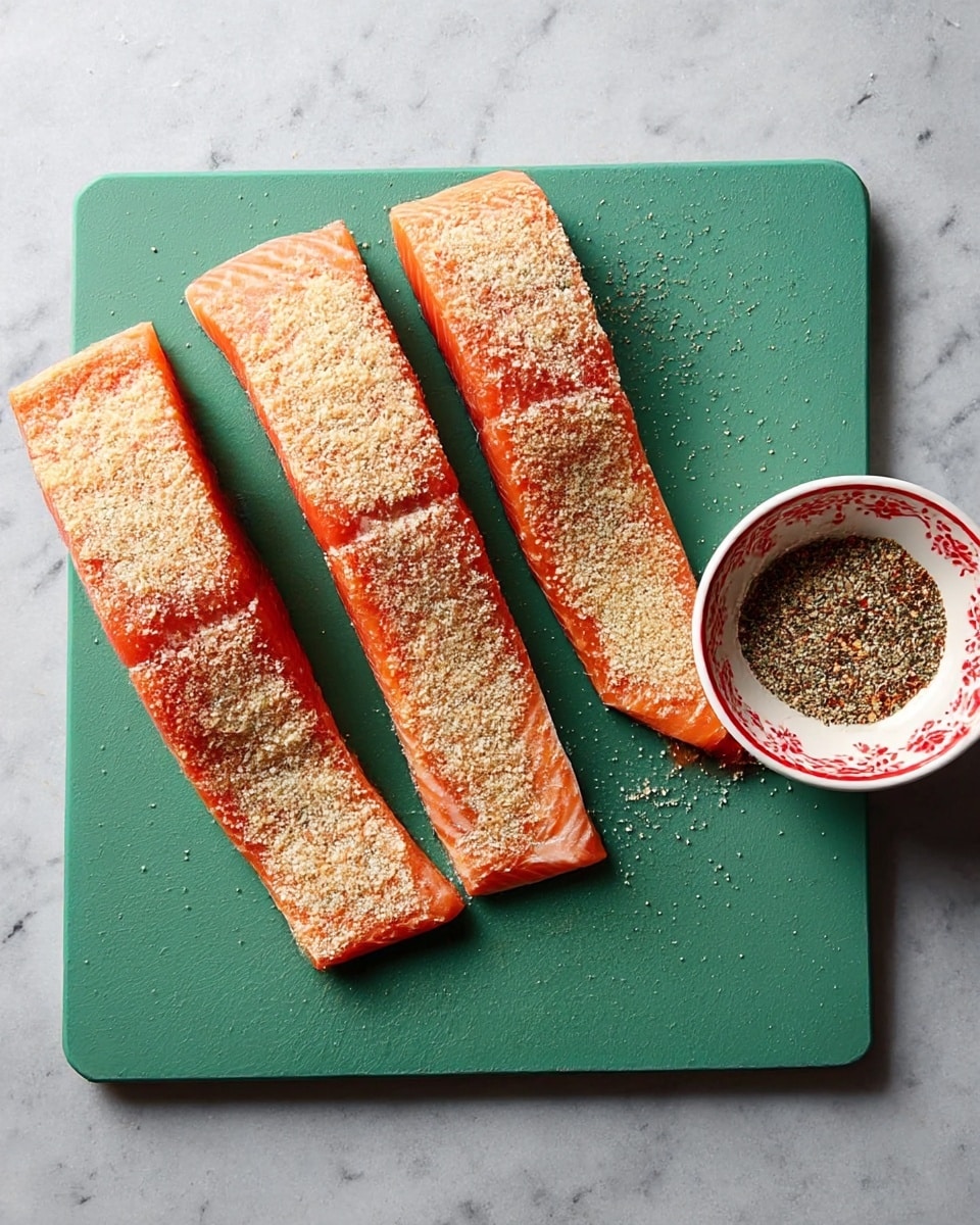 Four salmon fillets lie side by side on a green cutting board with a light dusting of breadcrumbs or seasoning on top of each. To the right of the fillets is a small white bowl with red patterns filled with a dry herb or spice mix. The cutting board rests on a white marbled surface, and the overall scene is lit brightly from above, showing the pink-orange color and texture of the salmon skin and flesh. photo taken with an iphone --ar 4:5 --v 7