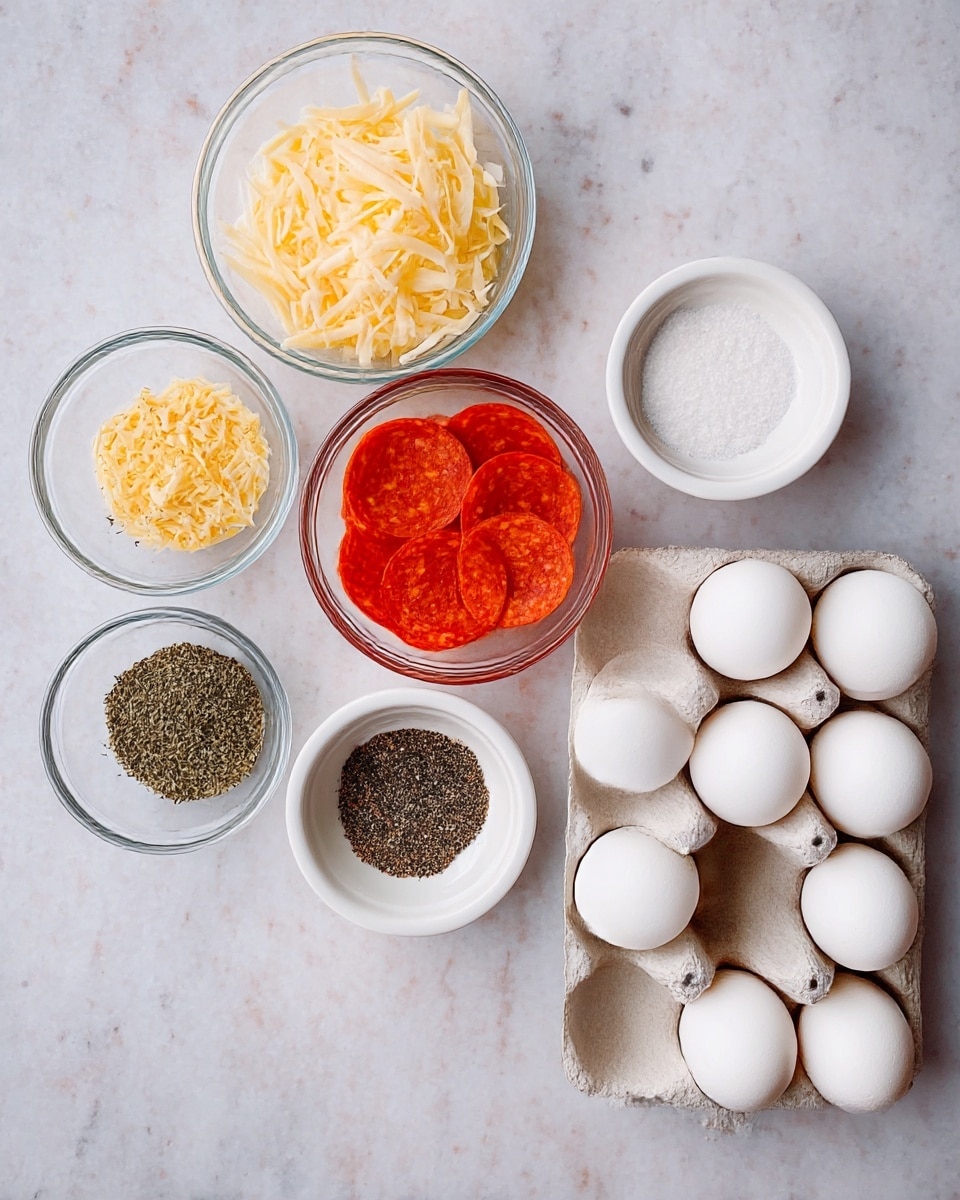 The image shows six food ingredients placed neatly on a white marbled surface. On the left side, there are three small clear glass bowls arranged vertically, holding dried yellowish herbs, shredded pale yellow cheese, and bright red pepperoni slices from top to bottom. On the right side, there are two small white bowls aligned vertically, with coarse white salt on top and finely ground black pepper below. Next to them, on the far right, is a flattened egg carton holding six whole white eggs in two rows. The items are evenly spaced and viewed from the top. Photo taken with an iphone --ar 4:5 --v 7