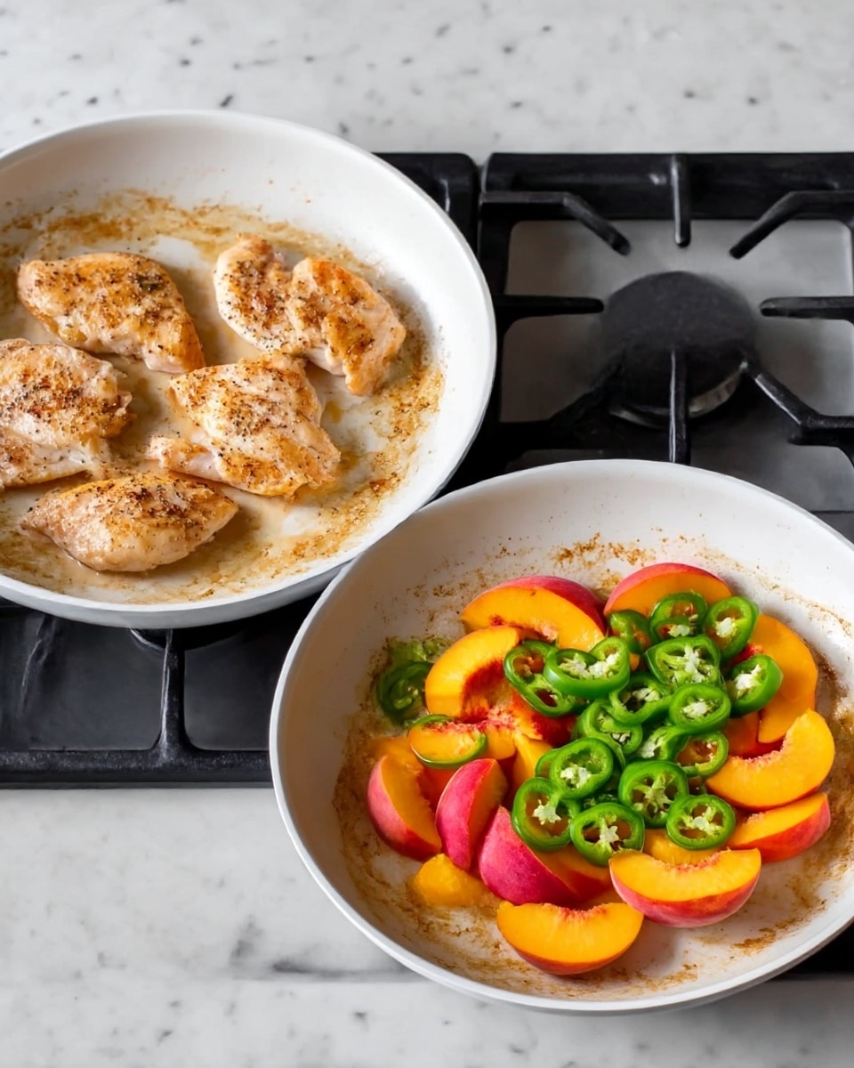 There are two white pans, each on a stove with black burners. The first pan holds five pieces of cooked chicken with a light brown, slightly crispy texture and black pepper sprinkled on top. The second pan contains sliced green jalapeños spread around the edges, with bright orange and red peach slices piled in the center. Both pans have a light brown residue inside, showing some cooking marks. The background is a white marbled surface. photo taken with an iphone --ar 4:5 --v 7