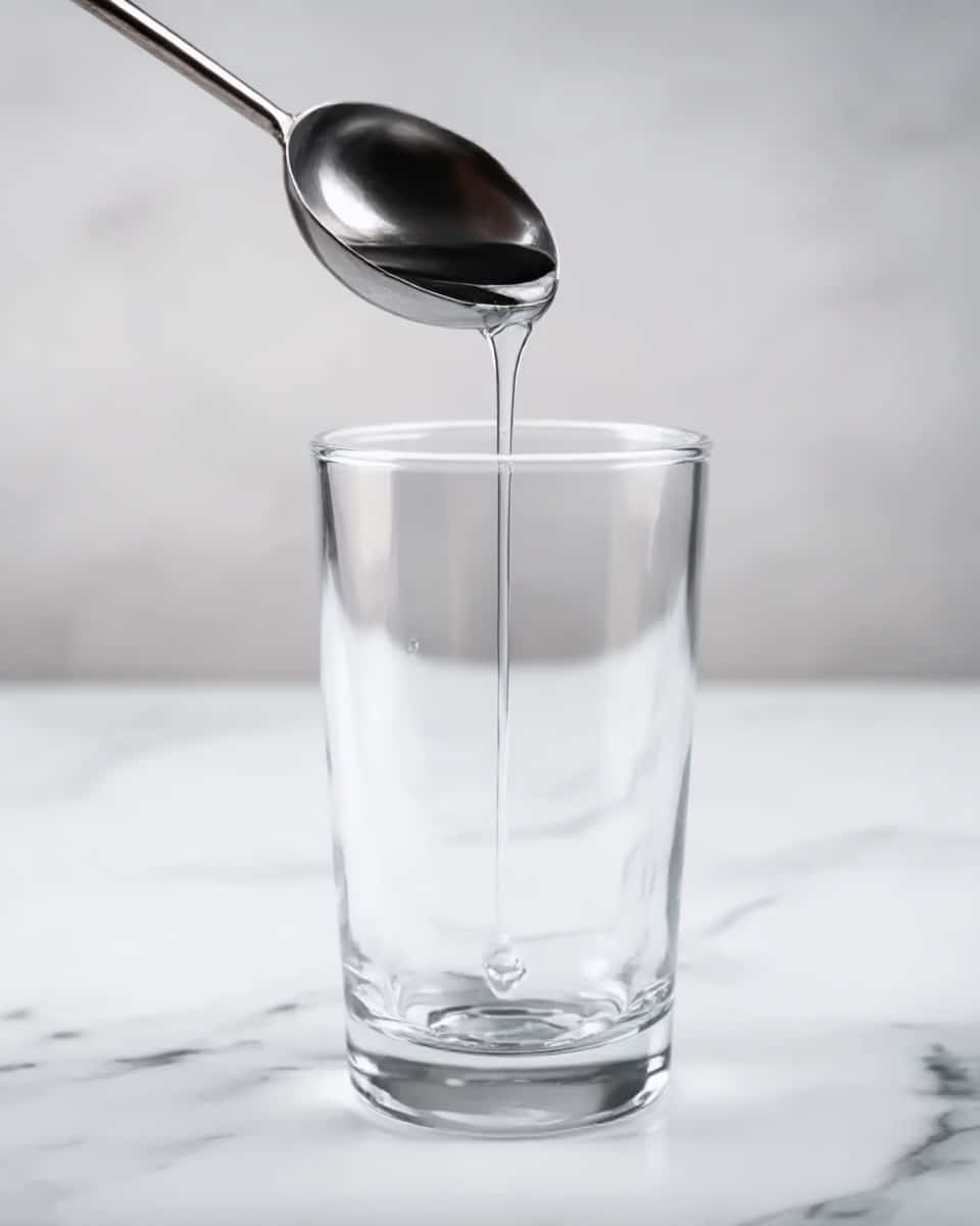 A clear glass stands on a white marbled surface, with a metal measuring spoon pouring a thick, clear liquid slowly into it. The liquid forms a thin stream flowing straight down into the bottom of the glass, showing a smooth texture and slight shine. The background is softly blurred, highlighting the glass and the liquid being poured. Photo taken with an iphone --ar 4:5 --v 7