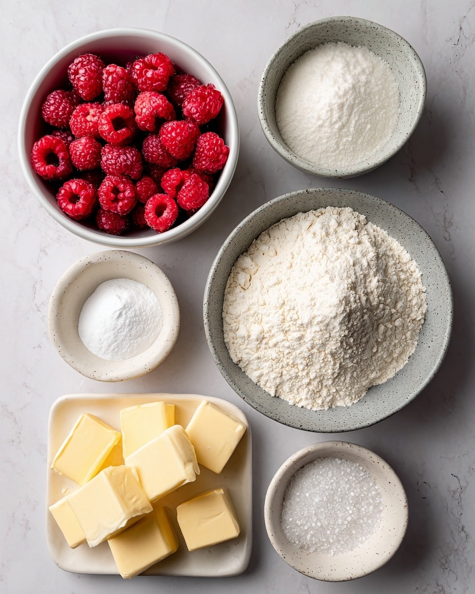 The image shows six small containers arranged neatly on a white marbled surface, each holding a different ingredient. On the top left, a white bowl filled with bright red raspberries or strawberries, vibrant and textured. To its right, a speckled gray bowl holds a large mound of fine white flour with a soft, powdery texture. Below the berry bowl, a small white bowl contains a fluffy pile of white corn starch. On the bottom left, a flat white dish carries multiple cubes of yellow vegan butter with smooth edges and a creamy texture. To the right of this, a small white bowl contains powdered sugar, appearing soft and powdery, while next to it is another small white bowl holding granulated sugar, with small, crystalline grains visible. The setup is clean and organized, lit softly from above. Photo taken with an iphone --ar 4:5 --v 7