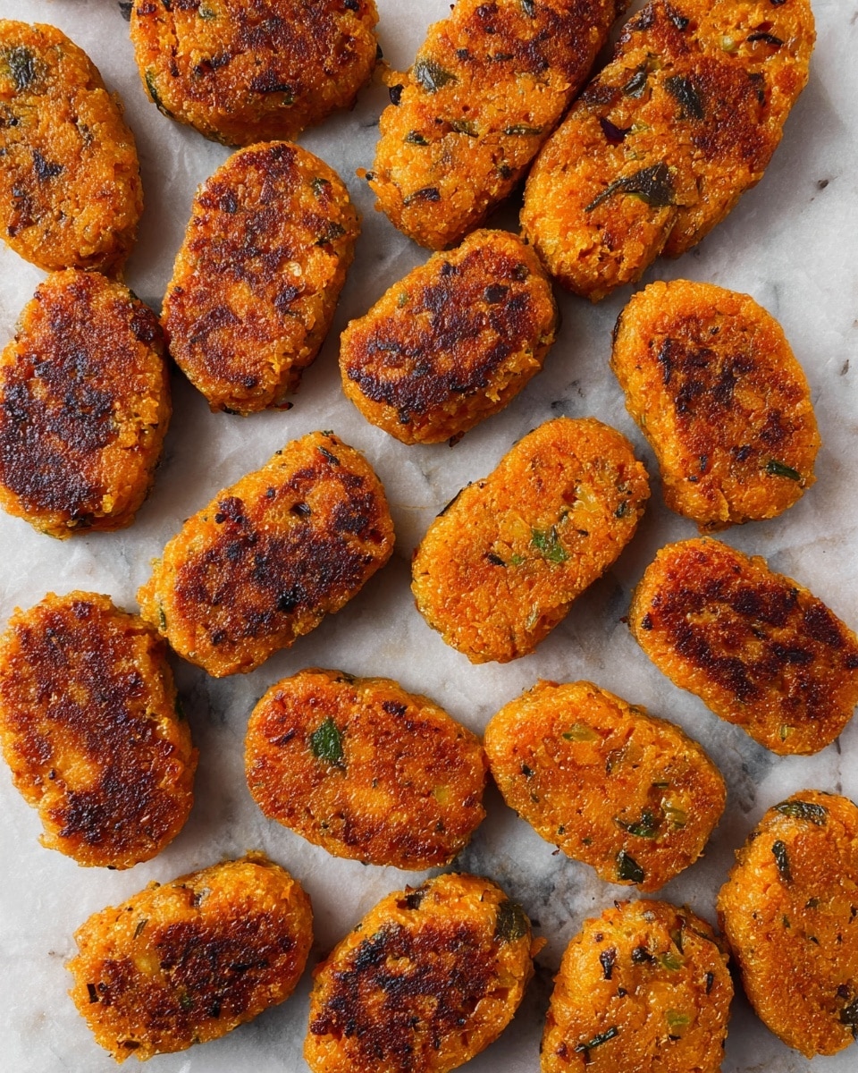 The image shows many small, oval-shaped patties arranged closely on a light gray parchment paper over a white marbled surface. Each patty has a golden-orange color with darker brown spots on their slightly crispy outside, and some small green flecks visible inside the patties. The texture looks firm but soft, with a slight roughness from the visible ingredients. The patties vary a bit in size but are mostly uniform, filling the frame in neat rows. Photo taken with an iphone --ar 4:5 --v 7