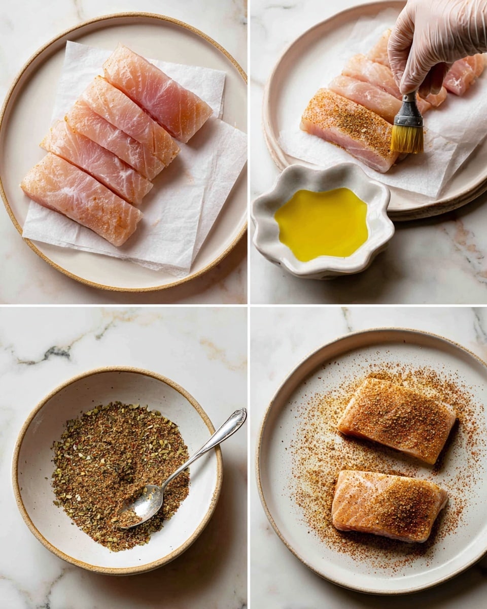 The image shows four steps of preparing fish with spices. In the first part, five pieces of pinkish raw fish with smooth texture lie on a white plate placed on a white marbled surface, with a woman's hand wearing a glove dabbing the fish with a white paper. The second part shows the same raw fish pieces on the plate as a woman's hand uses a brush to apply yellow oil from a small white bowl shaped like a flower. The third part shows a round white bowl with a mix of brown and green dried spices and a silver spoon in the middle. In the last part, two pieces of the fish are placed on a white plate with a thin layer of mixed brown spices, being pressed by a woman's hand wearing a glove, with more spiced fish pieces on a second plate partly visible at the top left. Photo taken with an iphone --ar 4:5 --v 7