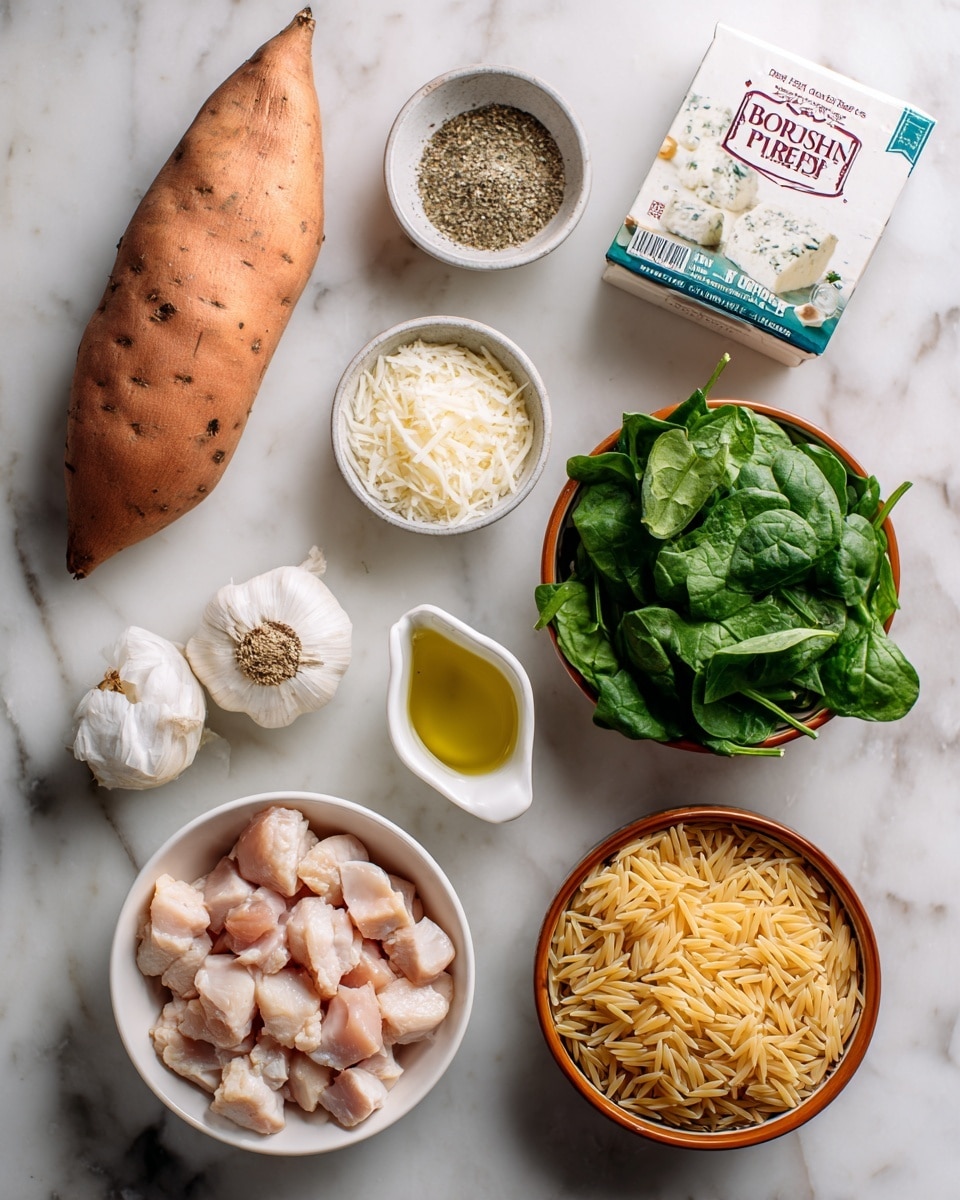 The image shows a flat lay of various cooking ingredients arranged neatly on a white marbled surface. There is one long sweet potato positioned at the top left, two small round bowls of Italian seasoning and salt and pepper placed side by side below it. In the center top, a box of Boursin cheese sits next to a small white bowl filled with grated parmesan cheese on the right. Below these, a brown bowl full of fresh baby spinach leaves is placed next to a white bowl of dry orzo pasta. On the bottom left, a larger white bowl contains diced chicken pieces, with a small white cup of extra virgin olive oil and a whole bulb of garlic nearby. The scene is bright and well-lit, emphasizing the fresh textures and colors of the ingredients photo taken with an iphone --ar 4:5 --v 7