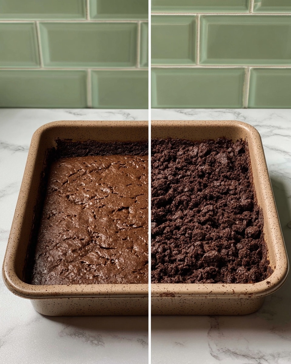 The image shows two side-by-side views of a square baking pan with a baked chocolate layer at the bottom. On the left, the chocolate layer is smooth with a slightly shiny, cracked surface and some visible chocolate spots, showing a rich dark brown color. On the right, the same chocolate base is crumbled into small, rough chunks, with a dry, crumbly texture and a deep dark brown color. The pan is speckled light brown, placed on a white marbled surface, with a pale green brick wall in the background. photo taken with an iphone --ar 4:5 --v 7