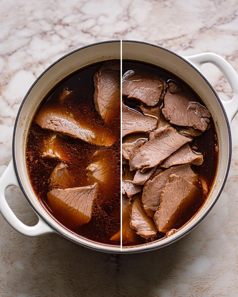 A white cooking pot holds several thin slices of brown cooked meat mostly lying flat in a dark brown broth that fills about half the pot. The meat slices have a soft, slightly wrinkled texture and some darker edges, partially submerged with some edges poking above the broth, which looks smooth and glossy. The pot sits on a white marbled surface. photo taken with an iphone --ar 4:5 --v 7