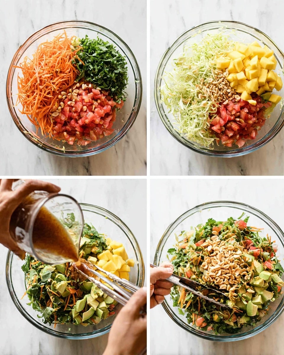 The image shows a clear glass bowl on a white marbled surface with layers of colorful salad ingredients visible in each frame. In the first frame, the bowl contains shredded orange carrots at the top left, chopped green scallions at top right, light yellow mango chunks at the bottom right, layered over dark green arugula leaves at the bottom left. In the second frame, shredded pale cabbage is added on the top right side, with diced red tomatoes piled in the center. A reddish brown dressing is being poured over the ingredients from a clear container. In the third frame, green avocado chunks and chopped cilantro tops are mixed with the other ingredients using tongs held by a woman's hand. In the final frame, the salad is fully mixed, showing a colorful mix of diced avocado, tomatoes, shredded carrots, cabbage, arugula, and topped with light brown peanuts scattered over the top, all blending with the dressing photo taken with an iphone --ar 4:5 --v 7