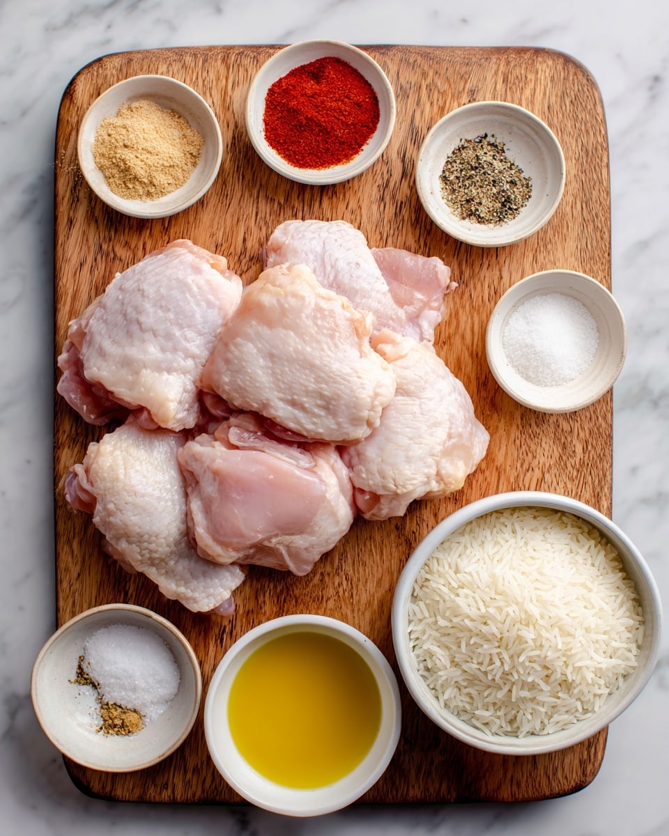 The image shows raw chicken thighs piled in the center on a wooden board, with their pale pink color and soft texture clearly visible. Around the chicken are six small white bowls: starting from top left, one contains light brown garlic powder, another with bright red smoked paprika, then white salt, pale beige onion powder, and black pepper. On the right side, there is a white bowl filled with uncooked white rice grains and a small white bowl with golden yellow olive oil. The whole setup is placed on a white marbled texture background photo taken with an iphone --ar 4:5 --v 7