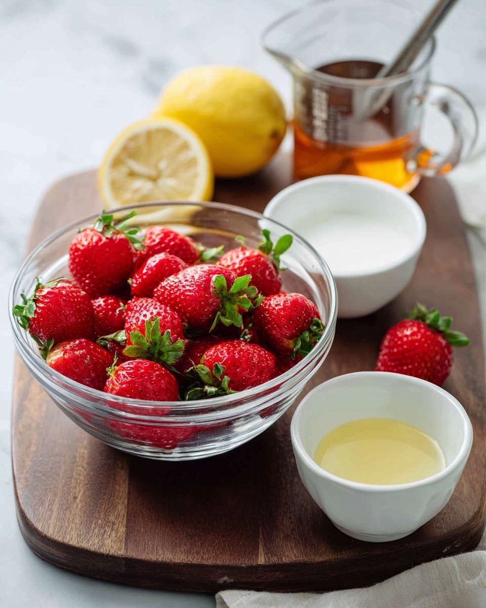 A clear glass bowl filled with fresh, bright red strawberries with green leaves sits on a dark wooden board. Behind it is a half lemon with a yellow interior, a metal measuring cup filled with golden liquid, and a bowl of white liquid, all placed against a white marbled texture. In front of the glass bowl are two white bowls, one empty and one with a light yellow liquid. Photo taken with an iphone --ar 4:5 --v 7