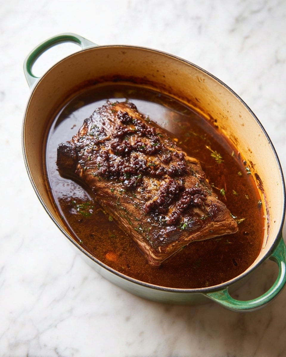 An oval brown roasting pot with green handles holds one large piece of cooked meat resting in a layer of dark brown broth. The meat has a top layer covered with small, dark, cooked bits that look crispy and textured. The broth is smooth and glossy with a few herbs visible, creating a rich and moist look. The pot is placed on a white marbled surface. photo taken with an iphone --ar 4:5 --v 7