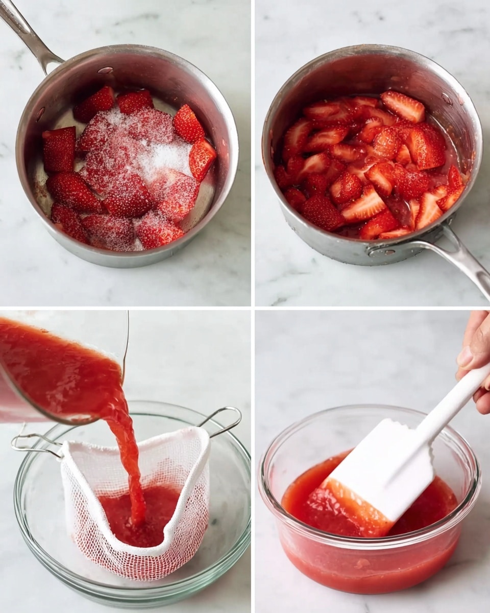A collage of four images shows the process of making strawberry sauce in a silver saucepan on a white marbled surface. The first image has sliced red strawberries mixed with white sugar inside the saucepan, showing a rough texture. The second image shows the strawberries cooking, with softened fruit and a thicker, shiny red liquid forming. The third image shows the smooth red sauce being poured through a fine mesh white cloth into a clear glass bowl below, with some texture still visible. The fourth image shows a woman's hand pressing the sauce through the cloth with a white spatula, making the red liquid smooth and glossy in the bowl. Photo taken with an iphone --ar 4:5 --v 7