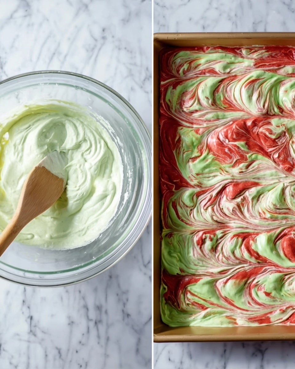The image shows two parts: on the left, a clear glass bowl on a white marbled surface filled with pale green creamy mixture, with a wooden spoon resting inside it; on the right, a baking tray filled with red and green swirled thick batter, with a smooth, wavy texture and mixed colors creating a marbled effect; both parts are bright and well-lit. photo taken with an iphone --ar 4:5 --v 7