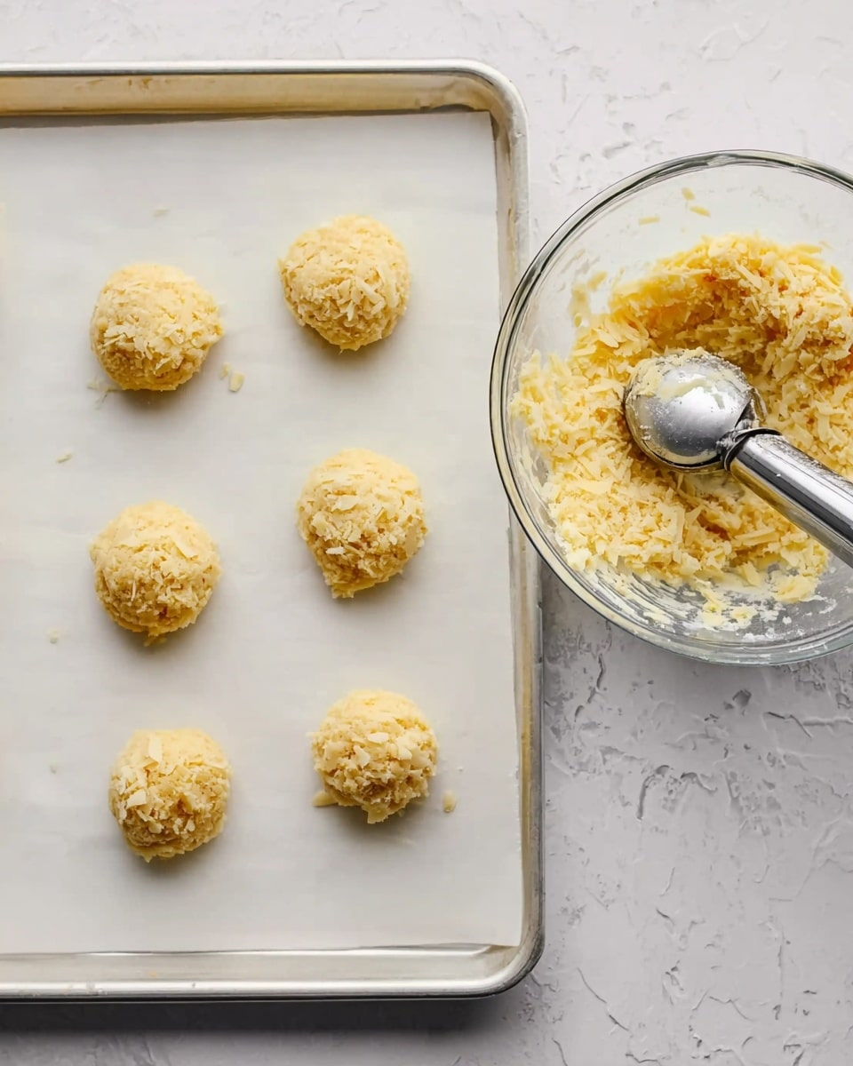 The image shows six round cookie dough balls placed on a white baking tray lined with parchment paper, evenly spaced apart. Next to the tray, on the right side, is a clear glass bowl filled with more of the same dough mixture, which looks light yellow and textured with shredded pieces. A metal ice cream scoop rests inside the bowl, partially covered in dough. The surface beneath is a white marbled texture. photo taken with an iphone --ar 4:5 --v 7
