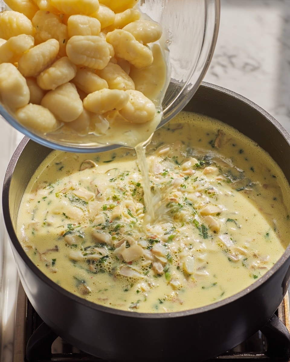 A black pot filled with creamy, light yellow soup that has green herb bits and some small white pieces, cooking on a stove. Above the soup, a clear bowl pours pale yellow gnocchi into the pot, with some gnocchi visibly falling in mid-air. The scene is set on a white marbled surface with natural light showing the textures of the bubbling soup and smooth gnocchi. Photo taken with an iphone --ar 4:5 --v 7