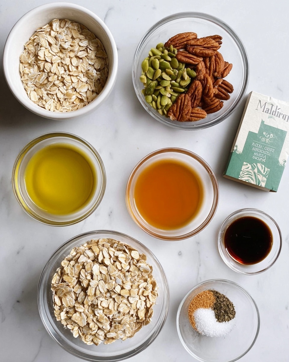 Six small white bowls and two clear glass bowls are arranged on a white marbled surface. The top left white bowl contains light beige rolled oats, and the top middle clear glass bowl holds three sections of almonds, pecans, and green pumpkin seeds. The middle left white bowl is filled with golden yellow oil, and the middle right white bowl has amber honey. The bottom middle large glass bowl is full of pale rolled oats. To its right are two small glass bowls, one with dark brown vanilla extract and the other with white and brown spices. A packet of Maldon sea salt flakes with a green and white design is placed near the top right. Photo taken with an iphone --ar 4:5 --v 7