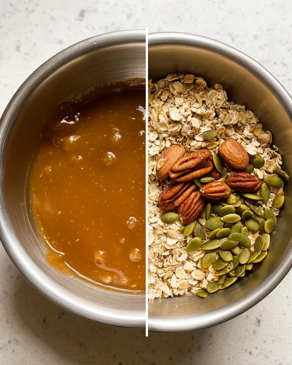 The image shows two metal bowls side by side on a white marbled surface. The left bowl contains a smooth, shiny caramel-colored syrup that looks thick and slightly translucent. The right bowl holds dry ingredients: light brown rolled oats covering most of the bowl, with a cluster of nuts and seeds, including pecans, almonds, and green pumpkin seeds, placed on top towards one side. The textures range from the wet, sticky syrup to the dry, rough oats and firm, textured nuts and seeds. Photo taken with an iphone --ar 4:5 --v 7